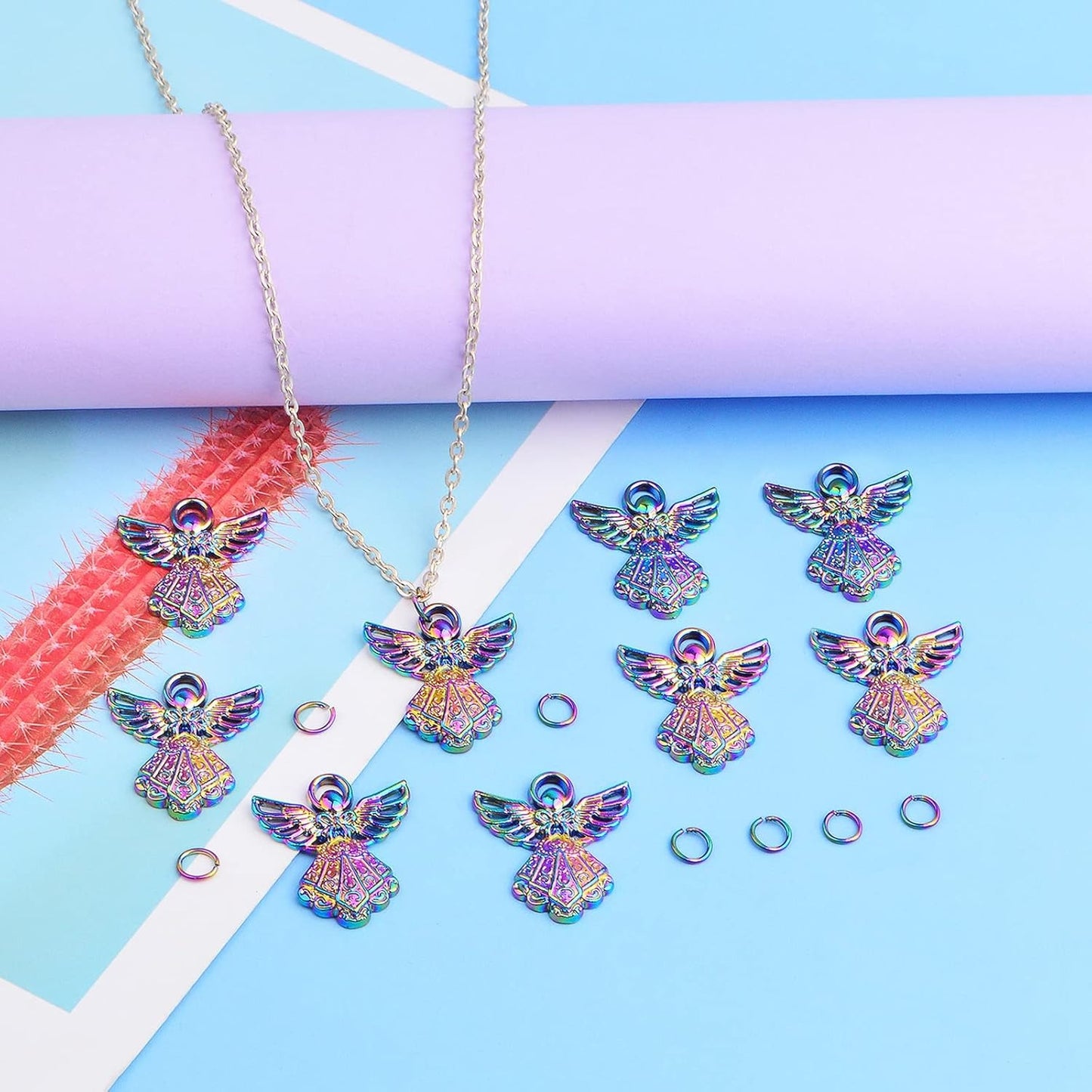 20pcs Alloy Angel Wing Pendant Charms Guardian Angel Pendant Ornaments and 20pcs Open Jump Rings for DIY Bracelet Necklace Keychains Jewelry Making, Rainbow Color