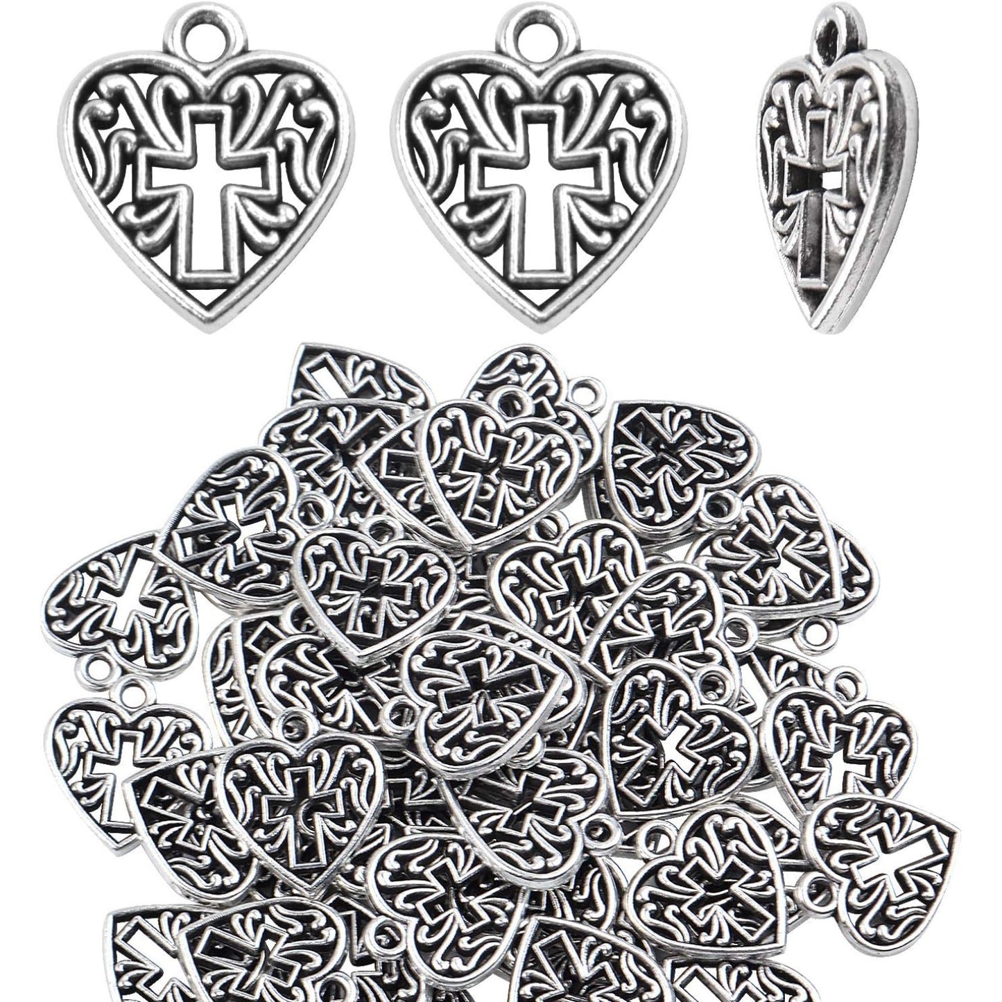 Heart Cross Charms, 50 Pieces Alloy Metal Love Heart with Cross Charms Pendants for Making Bracelet Necklace - Antique Silver
