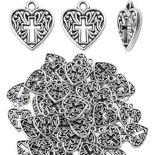 Heart Cross Charms, 50 Pieces Alloy Metal Love Heart with Cross Charms Pendants for Making Bracelet Necklace - Antique Silver