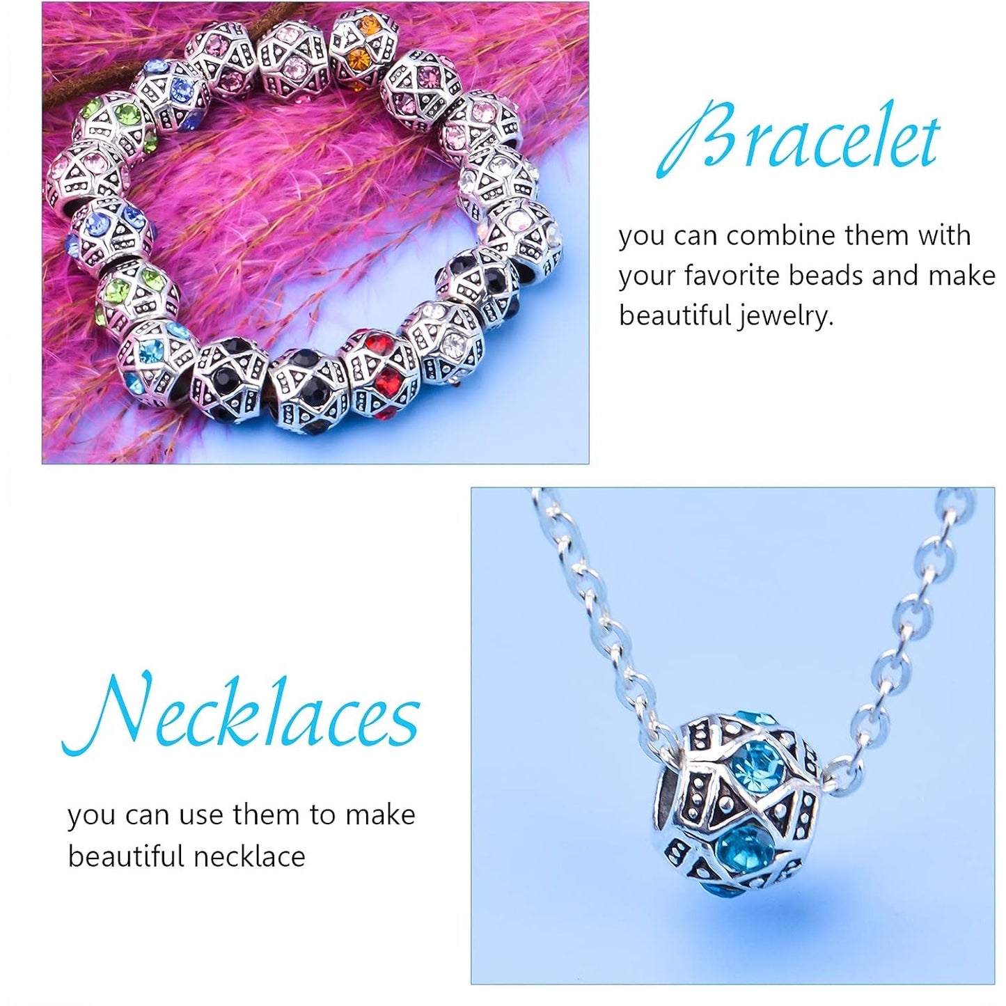 Rhinestone European Beads, 30pcs 10 Colors Large Hole Crystal Spacer Beads Loose Rondelle Charm Beads Crafts Supplies for DIY Snake Chain Bracelet Jewelry Making, 11 x 9 mm, Hole: 5 mm