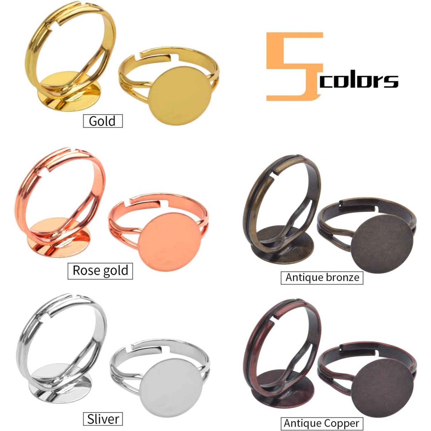 Blank Rings,20pcs Adjustable Ring Base Blank Ring Bezels Flat Round Cabuchon Rings Components for Making Jewelry Crafts