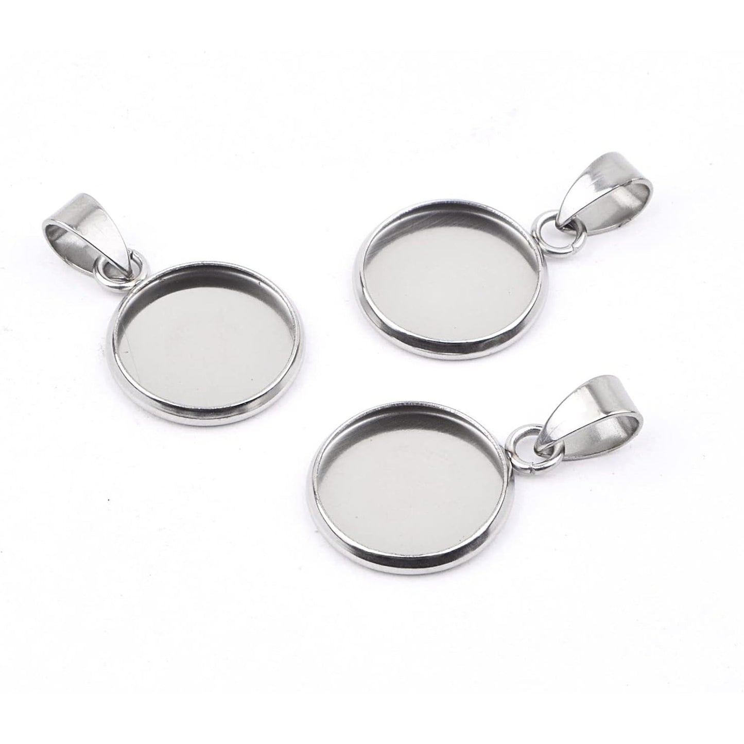 20pcs Stainless Steel Round Blank Bezel Pendant Trays with Pinch Clasp Buckle Base Cabochon Settings Charms Fit 12 mm for DIY Jewelry Making Cameo Photo Resin Crafts