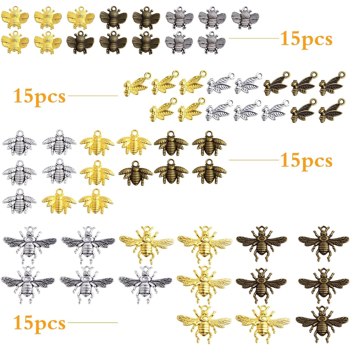60 Pieces 4 Styles Bee Pendant Charms Antique Alloy Honeybee Fly Insect Dangle Charms Jewelry Findings for DIY Bracelet Necklace Earrings Crafting, 3 Colors