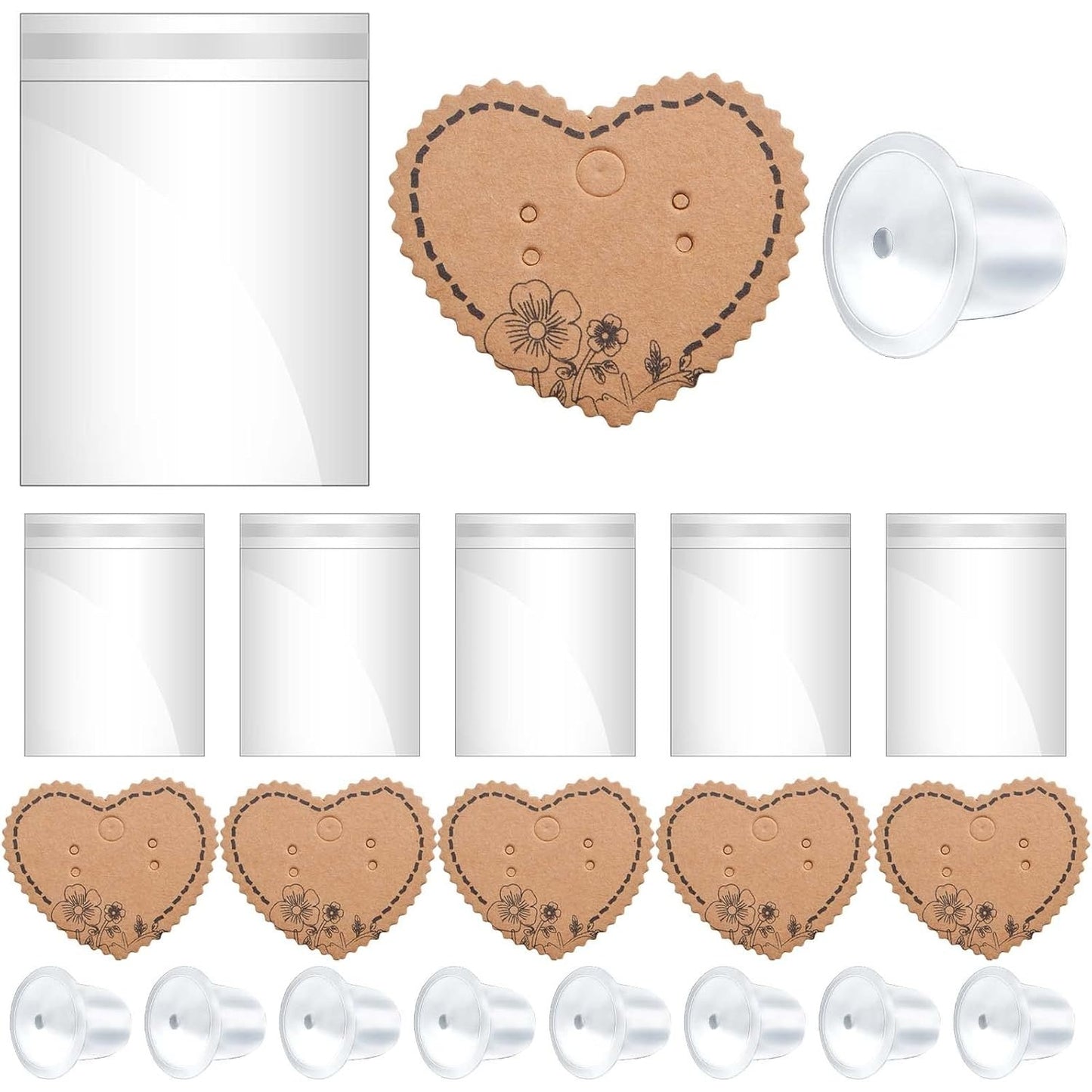 100pcs Heart Earring Card Holder Jewelry Display Cards and 100pcs OPP Self-Sealing Bags with 200pcs Clear Earring Backs for Necklace Earrings Jewelry Display, Brown