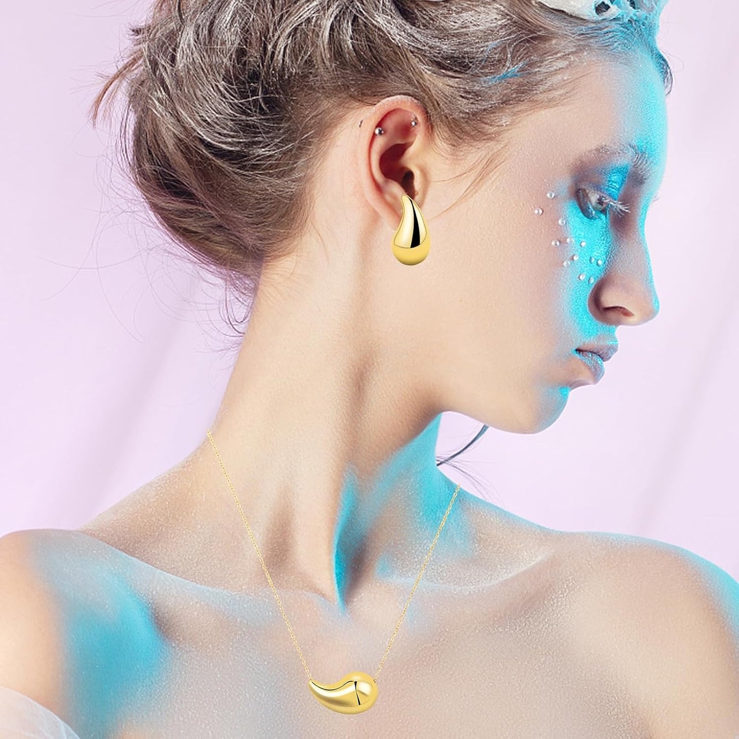 Titanium Steel Drop Shape Pendant Necklace Teardrop Earrings Sets Hypoallergenic 18K Golden Plated Waterdrop Necklace and Earring Studs for Women Gifts