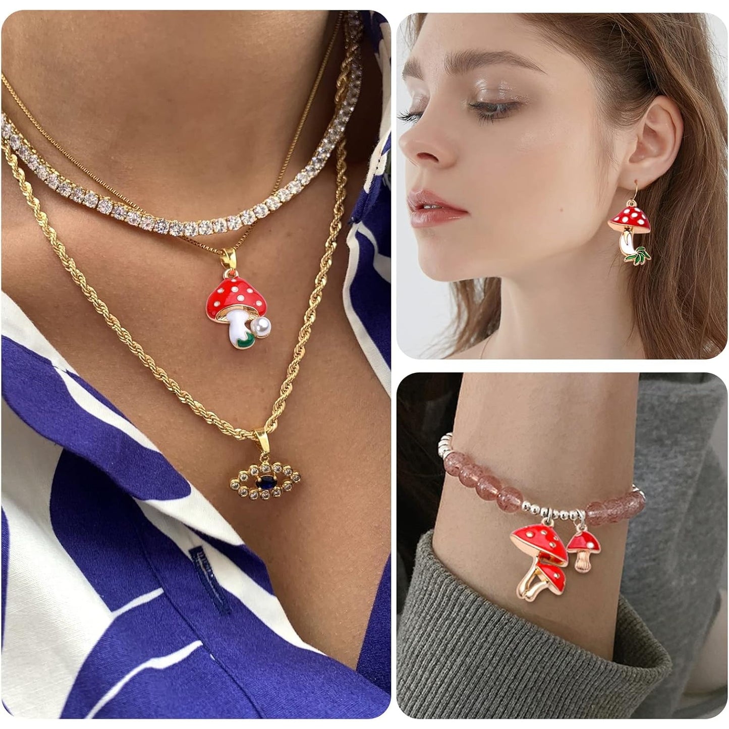 24pcs Enamel Mushroom Pendant Charms Red Cute Mushroom Charms Jewelry Making Accessories for DIY Earrings Necklace Bracelet Birthday Party Favor Gifts, 4 Styles
