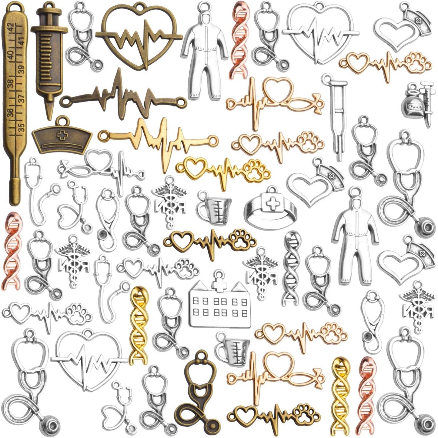 Medical Nurse Charms, 100g(about 40-70pcs) Tibetan Medical Crafts Pendant Mixed Alloy Hospital Nurse Stethoscope Syringe Nurse Cap Hat Charms Accessory for DIY Jewelry Making Crafting