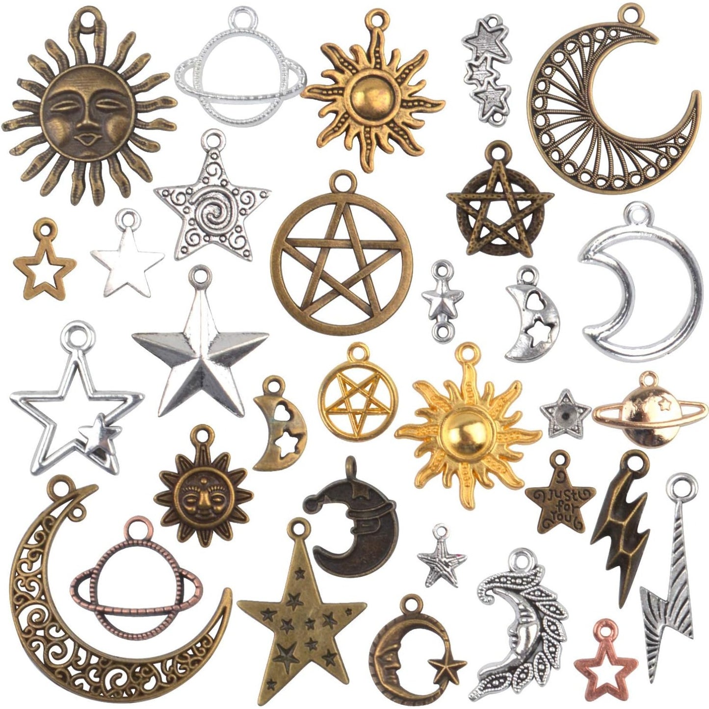 Celestial Charms,100 Gram(About 80-90 Pieces) Mixed Sun Moon Star Charms Antique Alloy Pendants for Jewelry Making and Crafting