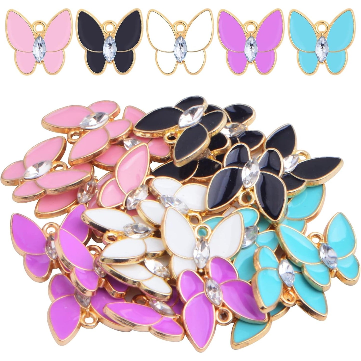 25 Pieces KC Golden Plated Enamel Butterfly Charms Cute Alloy Rhinestone Butterfly Shape Dangle Pendants for DIY Necklace Earrings Jewelry Crafts Making, 5 Colors