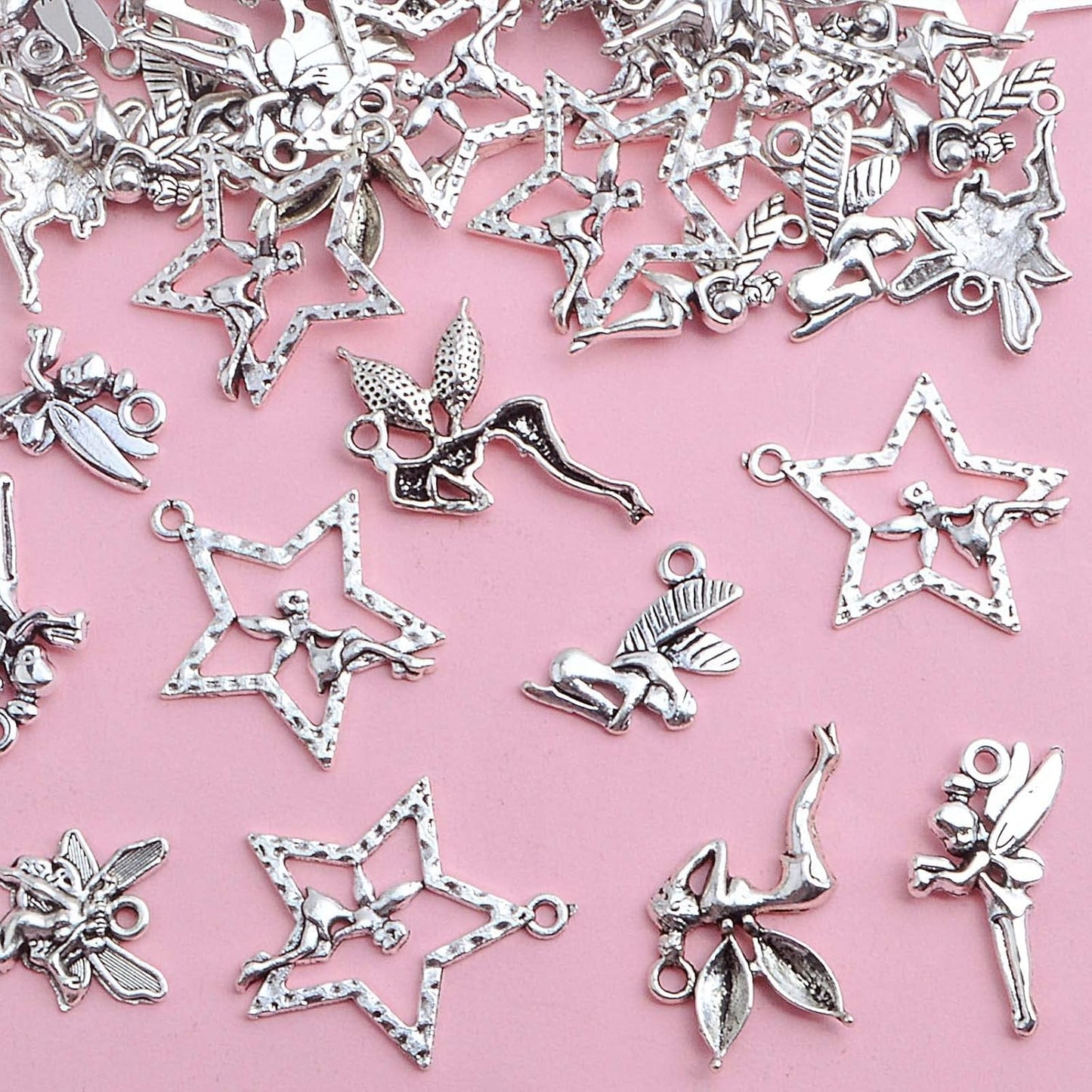 60pcs Antique Silver Angel Charms Vintage Alloy Fairy on Star Pendants Angel Fairy Dangle Charms Crafts Supplies for DIY Necklace Bracelet Earrings Jewelry Making, 6 Styles
