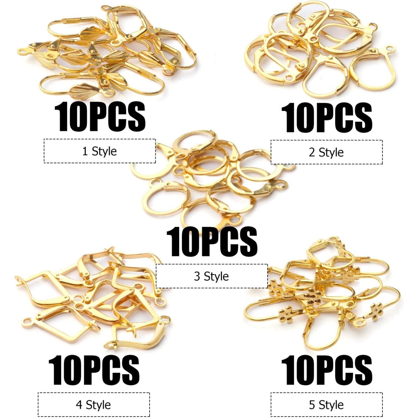 50pcs Gold French Earring Hooks Leverback Earwires Brass Hypoallergenic Ear Hooks with Open Loop for Earring Designs Supplies Jewelry Making Findings, 5 styles