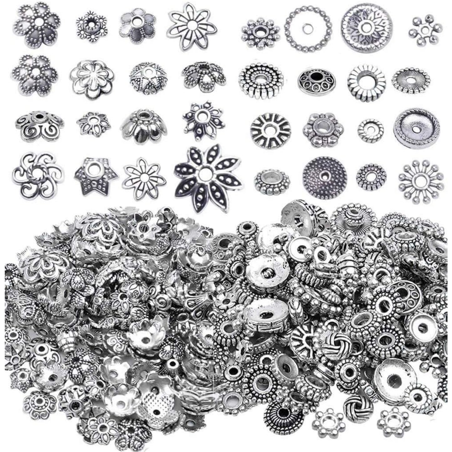 100g Mixed Metal Flower Caps Ends Tibetan Silver Spacer Loose Beads for Jewelry Making