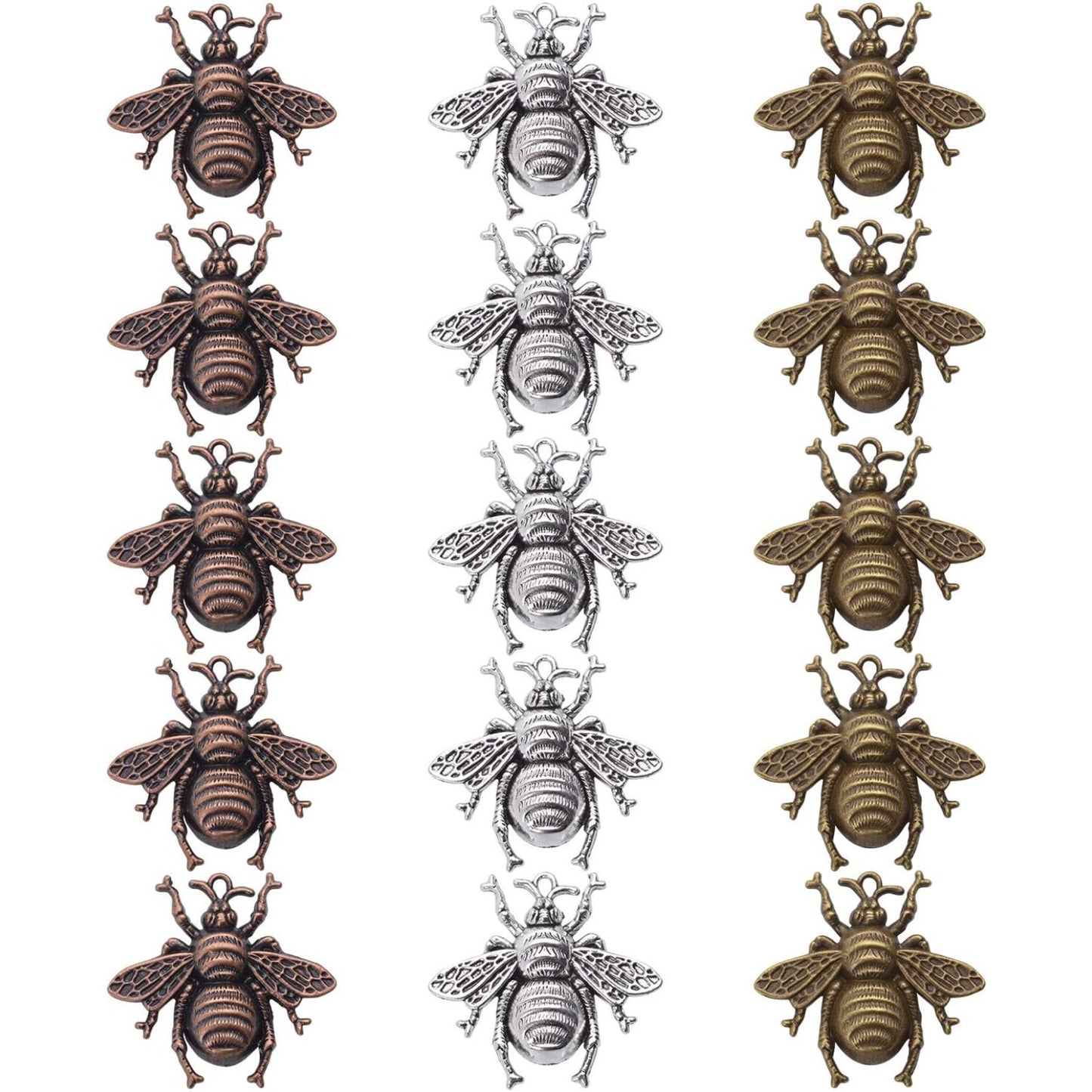 15 Pieces Bee Pendants, Honeybee Charms Fly Insect Charm Metal Jewelry Findings for Jewelry Making DIY, Antique Silver, Antique Bronze and Antique Gold Color