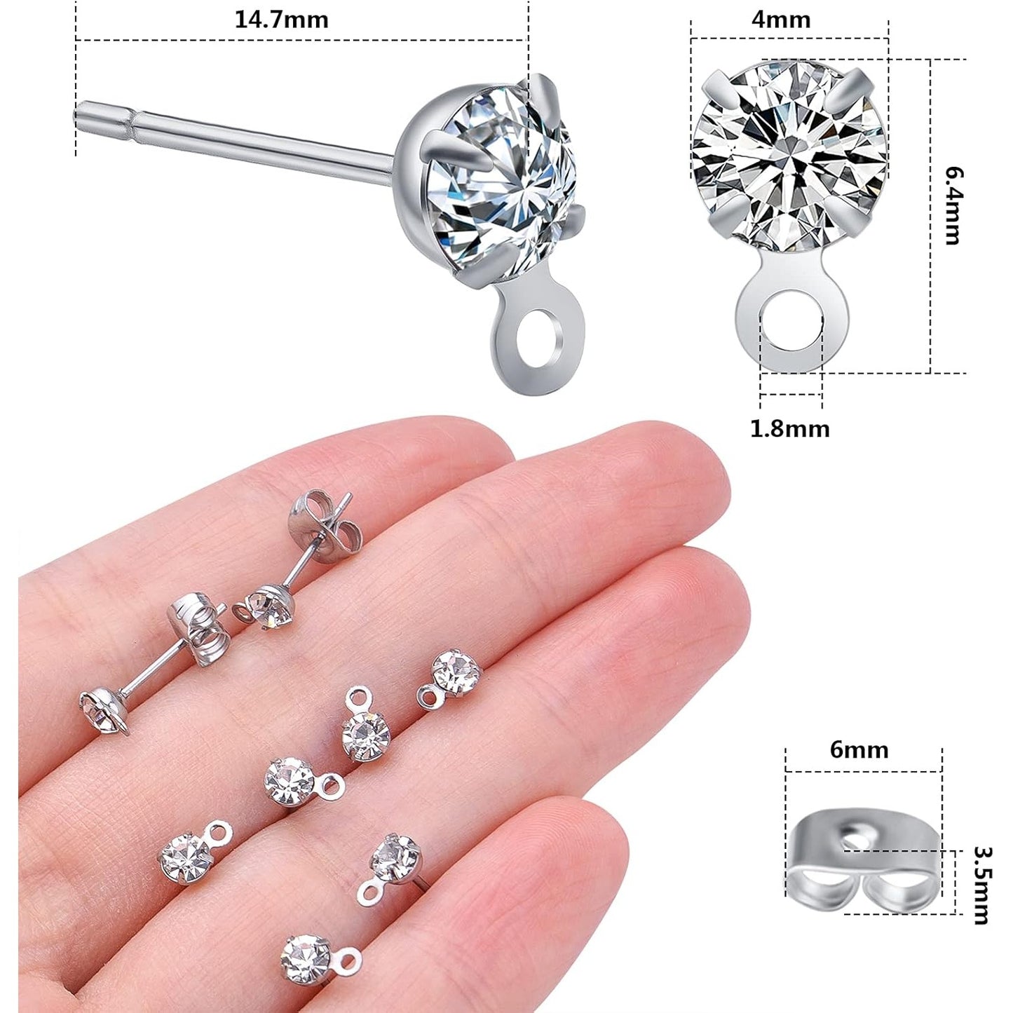 30pcs Stainless Steel Earring Posts Rhinestone Earring Studs Hypoallergenic Cubic Zirconia Ear Studs and 30pcs Butterfly Earring Backs for DIY Jewelry Making Birthday Party Favor Gifts