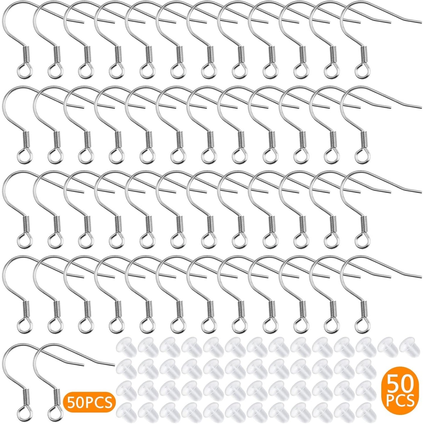50pcs Stainless Steel Earring Hooks Hypoallergenic French Ear Wire Fish Hooks with 50pcs Clear Silicone Earring Backs for DIY Dangle Earrings Jewelry Making Decor