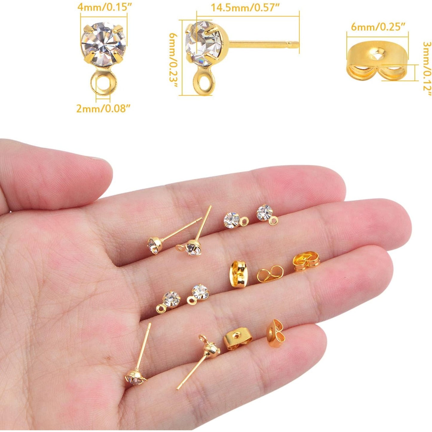 30pcs Stainless Steel Rhinestone Earring Posts with Loop Hypoallergenic Stud Earrings Findings and 30pcs Butterfly Earring Backs for DIY Jewelry Making Supplies, Golden