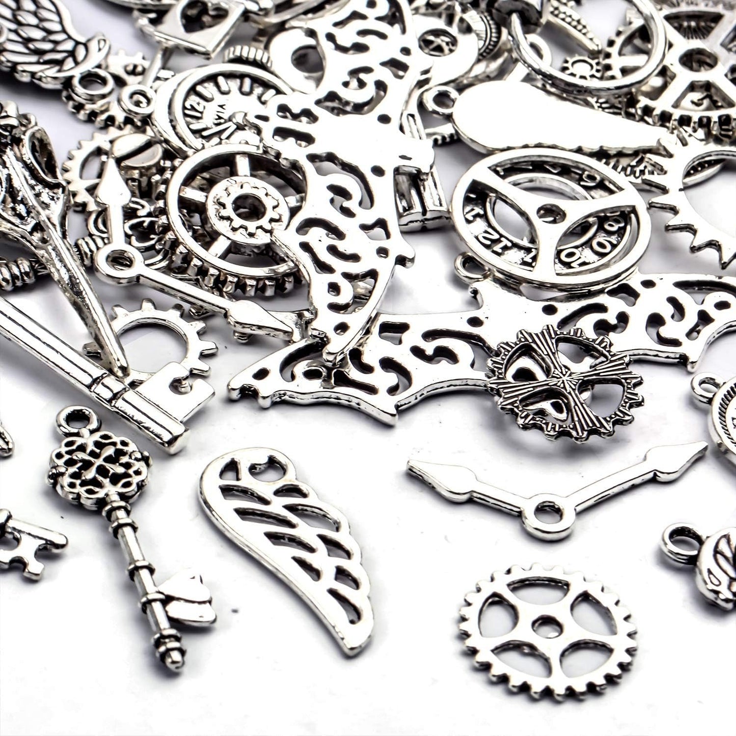 52pcs Tibetan Silver Charms Vintage Clock Gear Wing Key Pendants Jewelry Making Accessories for DIY Crafting Jewellery Making