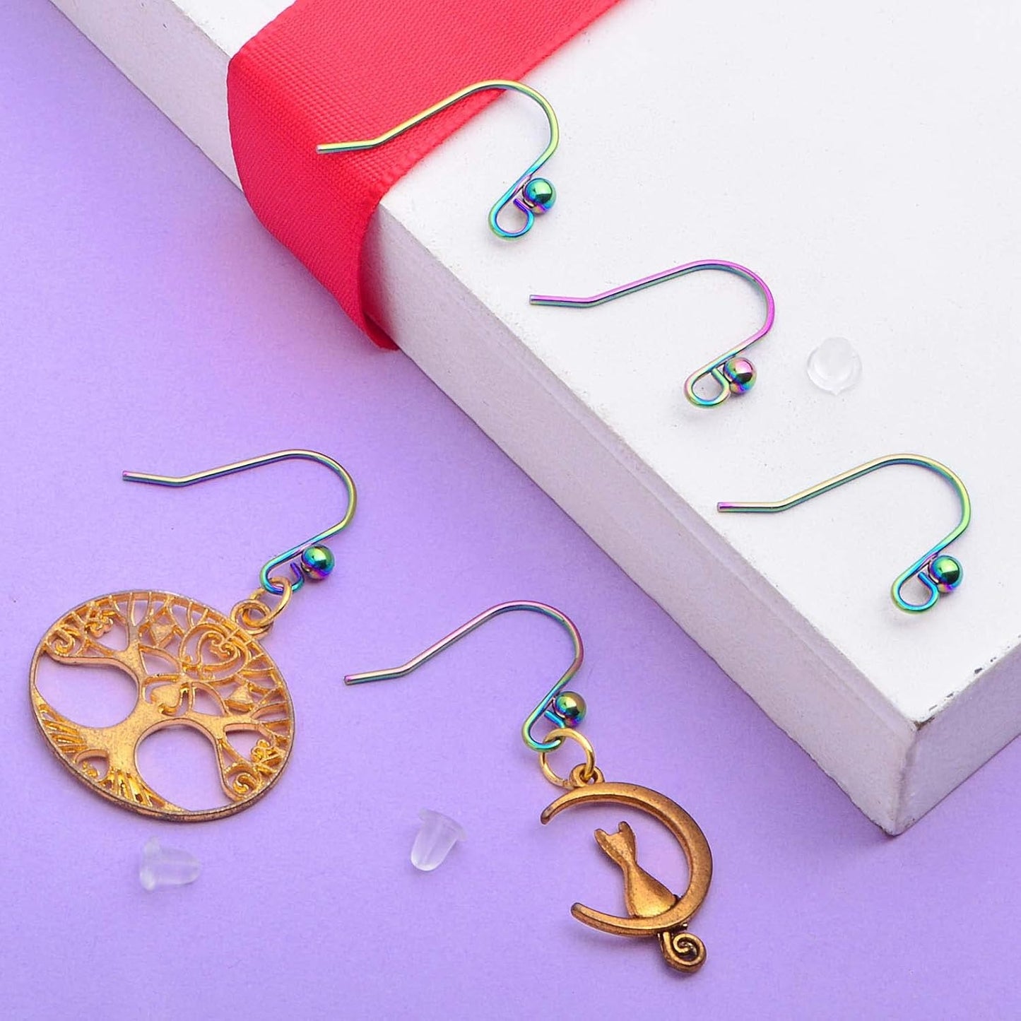 50pcs Rainbow Color Stainless Steel Earring Hooks Hypo-allergenic Ear Wires Fish Hooks with 50pcs Clear Bullet Earring Backs for DIY Dangle Earrings Jewelry Making