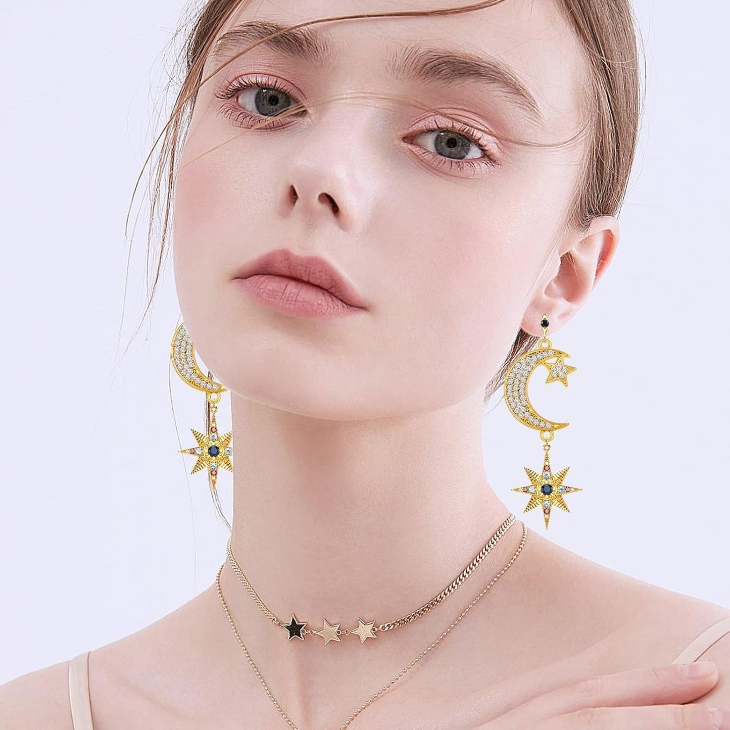 10 Pieces Crescent Moon and Star Charms Connectors with Rhinestone Alloy Moon Dangle Pendants with Double Loops for DIY Necklace Earrings Jewelry Making Supplies, 2 Colors