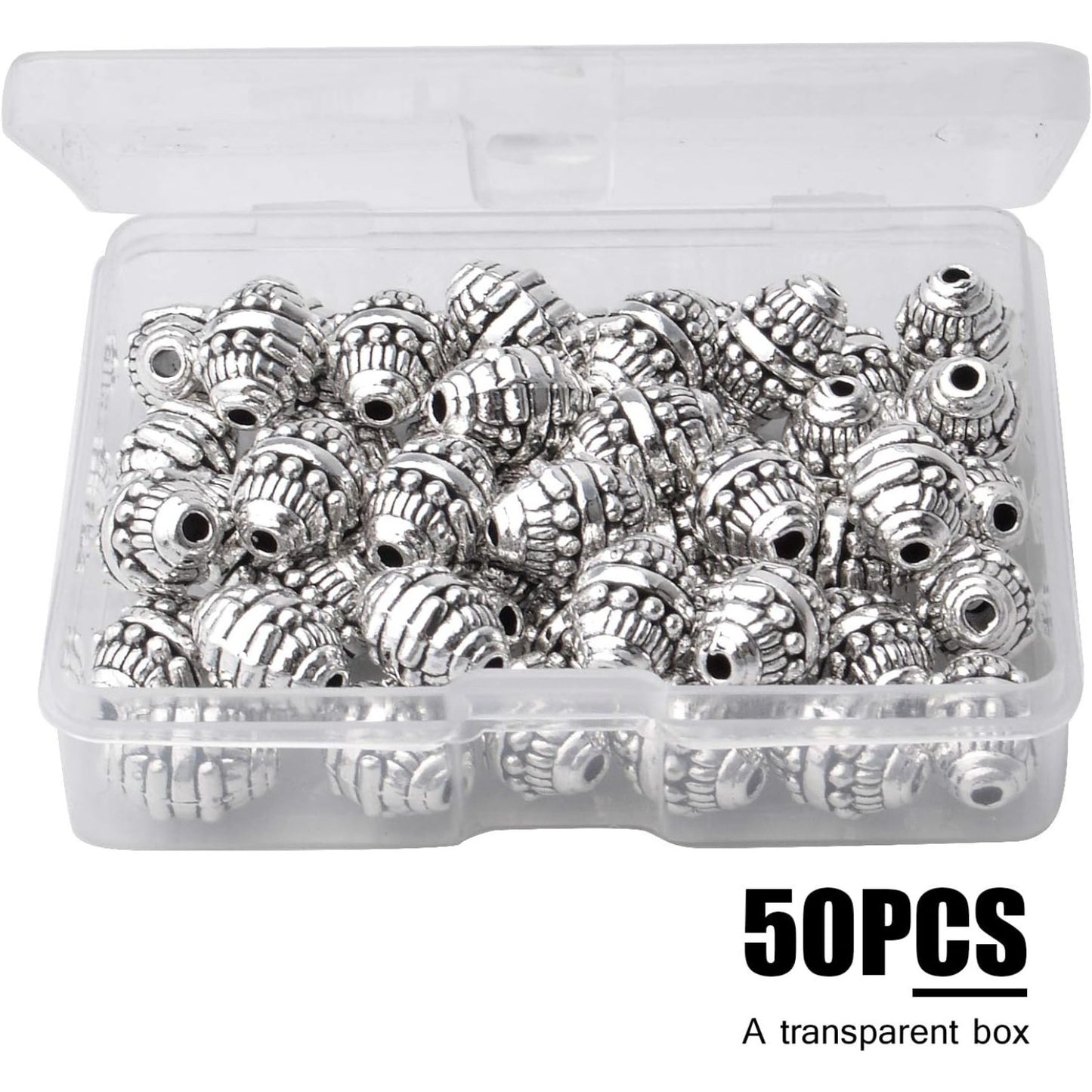 50pcs Alloy Antique Silver Bicone Spacer Beads Tibetan Beads Loose Spacer Bead Jewelry Spacer Charms with A Box for Earring Bracelet DIY Jewelry Crafts Making
