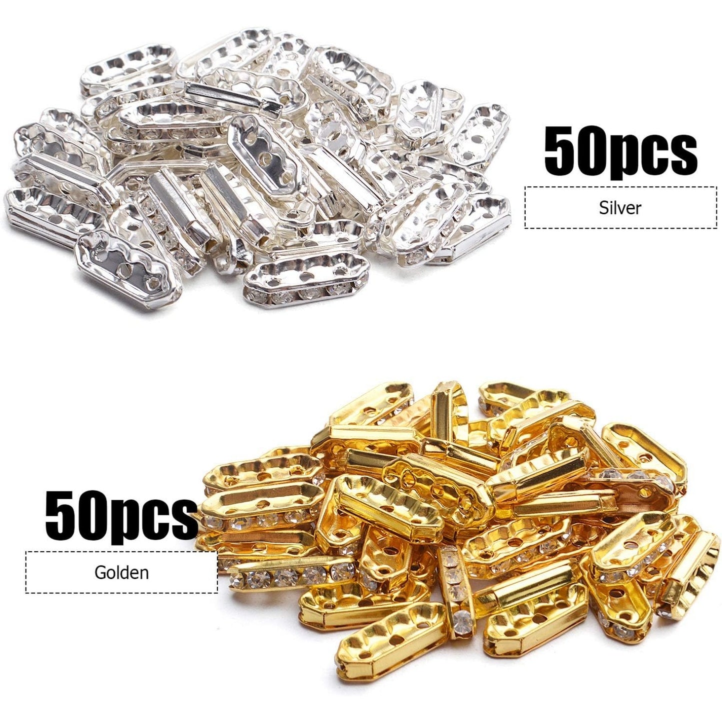Rhinestone Spacer Beads,100Pcs Crystal Spacer Bars Beads 3 Hole Alloy Spacers Bar Link Connectors for DIY Multi Strand Bracelet Jewelry Making