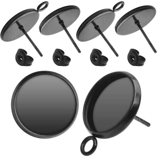 Earring Cabochons, 20Pcs Stainless Steel Round Earring Studs Flat with Loop Earrings Cabochon Setting Post Cup and 20Pcs Clear Earring Backs for Earring Making(fit for 12mm)