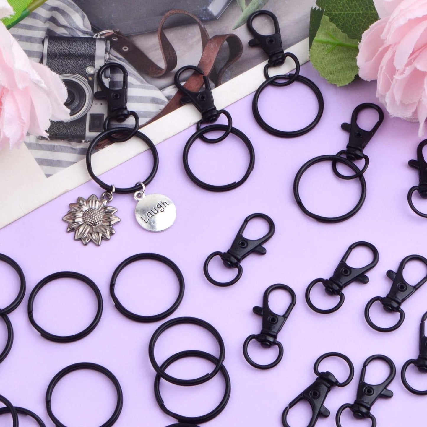 30pcs Swivel Trigger Snap Hooks Metal Keychain Clip Hooks Lobster Claw Clasps with 30pcs Key Rings for Keychains Lanyard Purse Handbag Craft Projects Decor, Black