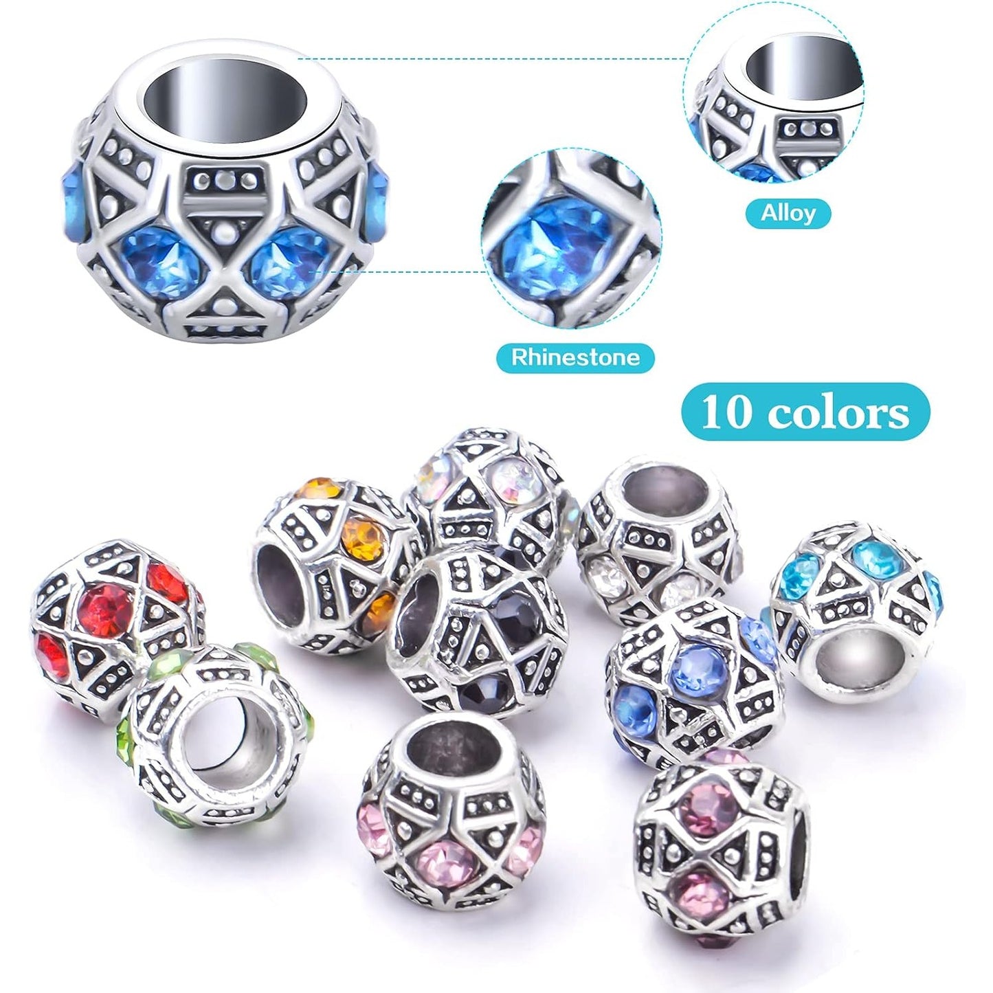 Rhinestone European Beads, 30pcs 10 Colors Large Hole Crystal Spacer Beads Loose Rondelle Charm Beads Crafts Supplies for DIY Snake Chain Bracelet Jewelry Making, 11 x 9 mm, Hole: 5 mm