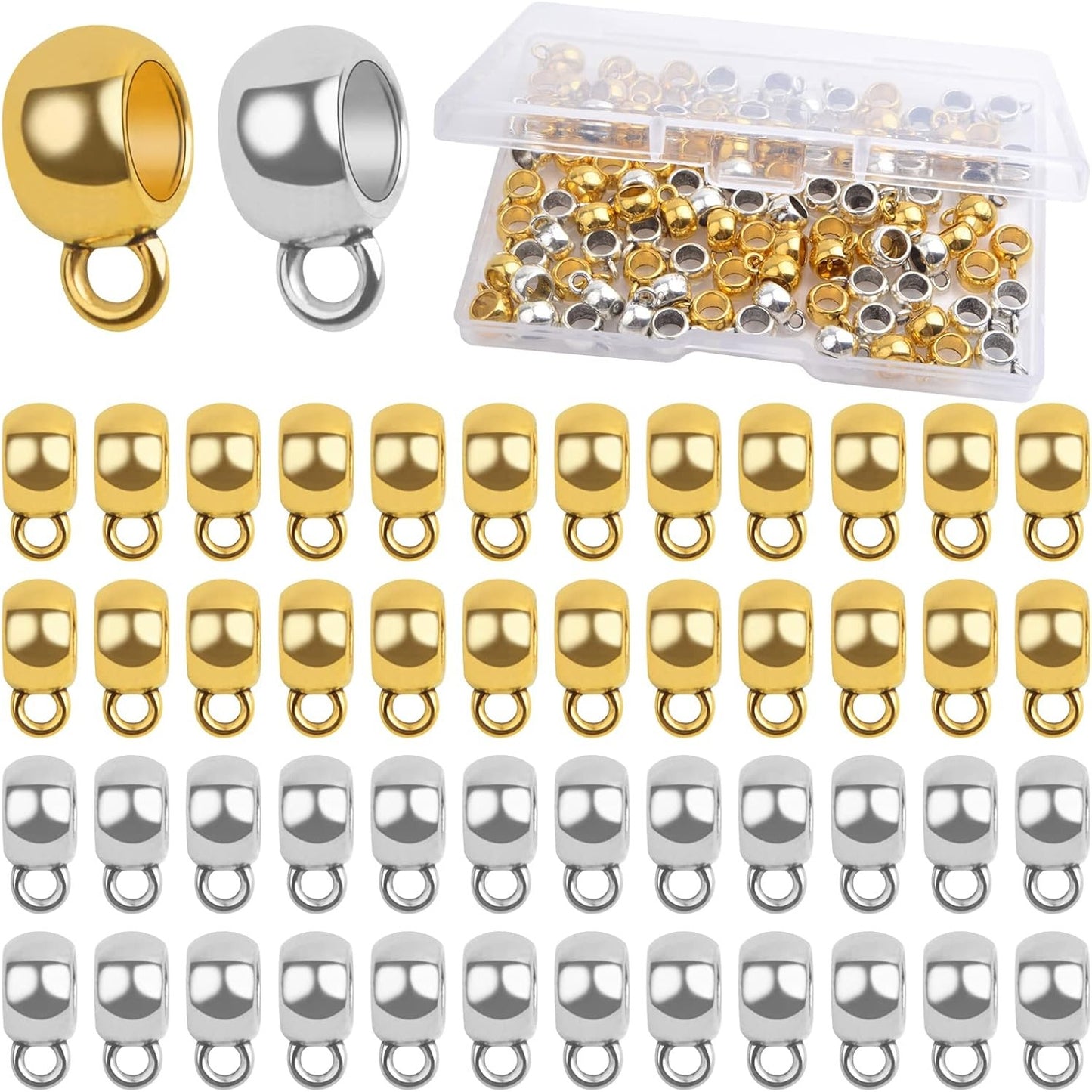 100pcs Tibetan Bail Tube Beads Alloy Column Rondelle Spacer Beads Bail Beads Hanger Dangle Connectors with a Box for European Charm Bracelet Jewelry Making Supplies, 2 Colors