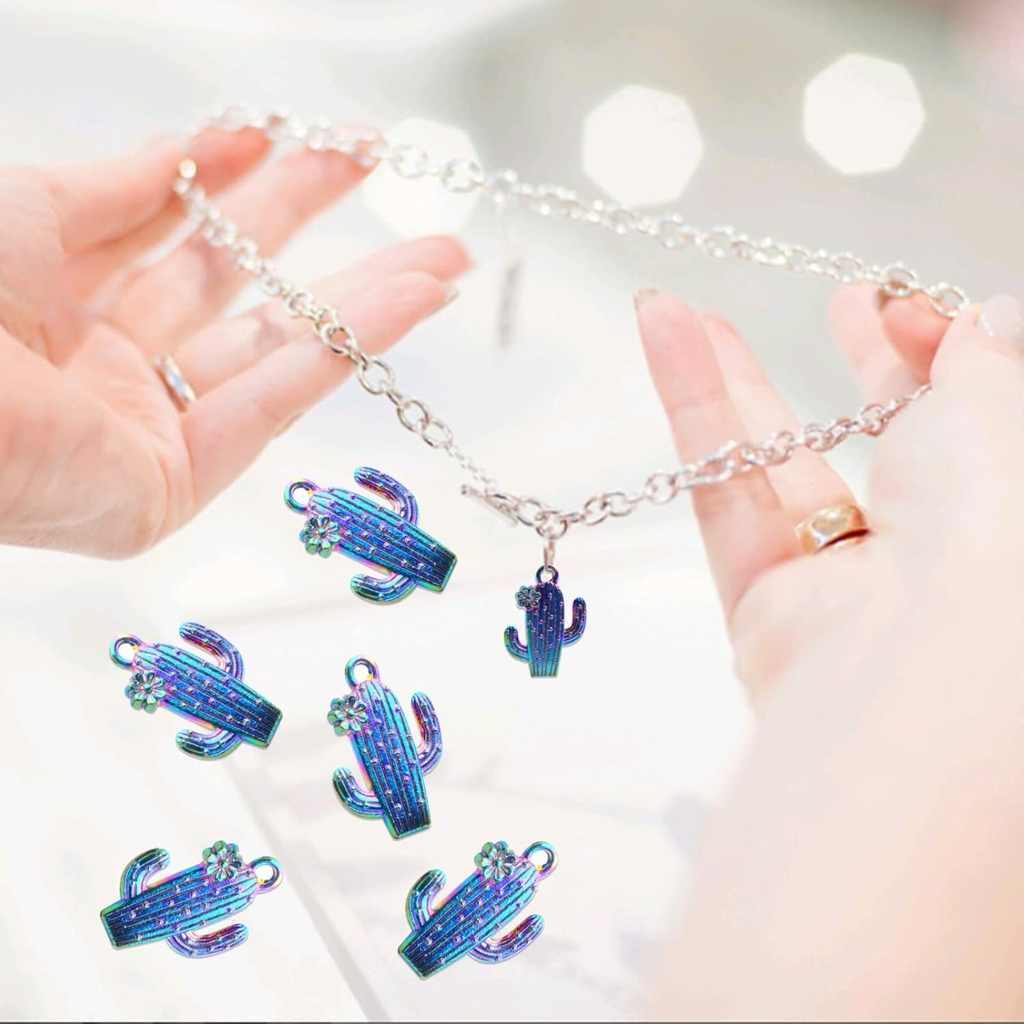 10pcs Alloy Cactus Flower Pendant Charms Tropical Summer Desert Plant Cactus Charms Craft Supplies for DIY Necklace Bracelet Earrings Jewelry Making, Rainbow Color
