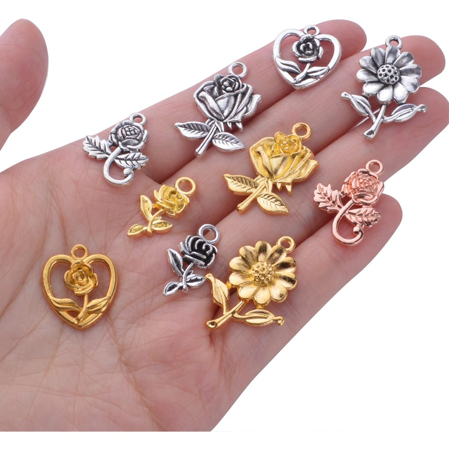 50pcs Flower Charms Pendants Alloy Sunflower Charms Rose Pendants Flower Bead Charm Craft Supplies for DIY Earrings Necklace Bracelet Jewelry Making Accessories, 5 Styles