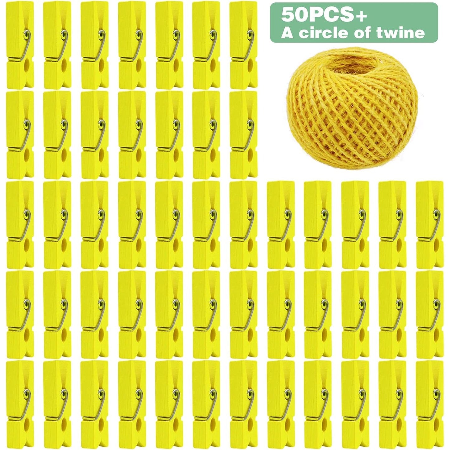 50pcs Wooden Photo Clips Clothespins Utility Pictures Paper Peg Pin Craft Clips and 50m Jute Twine for Home School Handmade Decoration(Yellow)