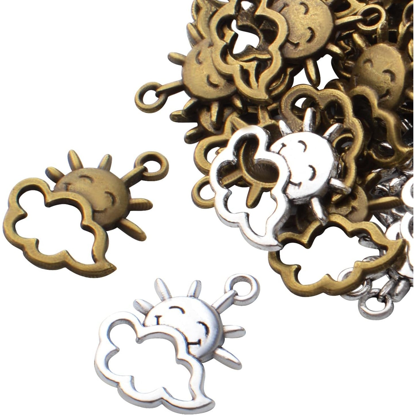 100pcs Celestial Sun Cloud Charms Alloy Jewelry Charm Pendants for DIY Necklace Bracelet Jewelry Crafts Making,Antique Silver and Antique Bronze