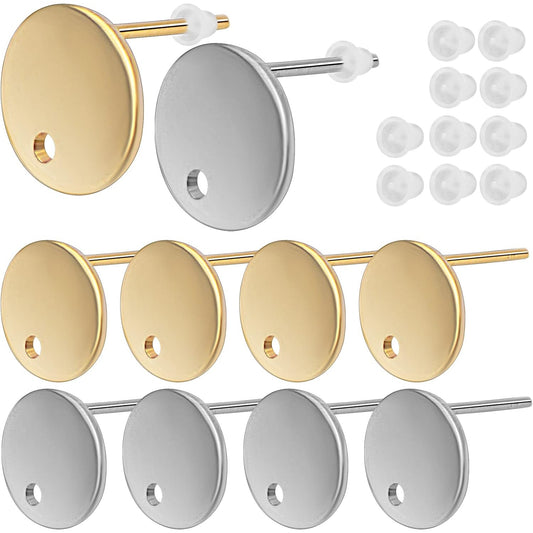 20pcs Stainless Steel Round Earring Studs Hypoallergenic Flat Earring Post with Loop and 20pcs Clear Earring Backs Stoppers for Jewelry Making, 2 Colors