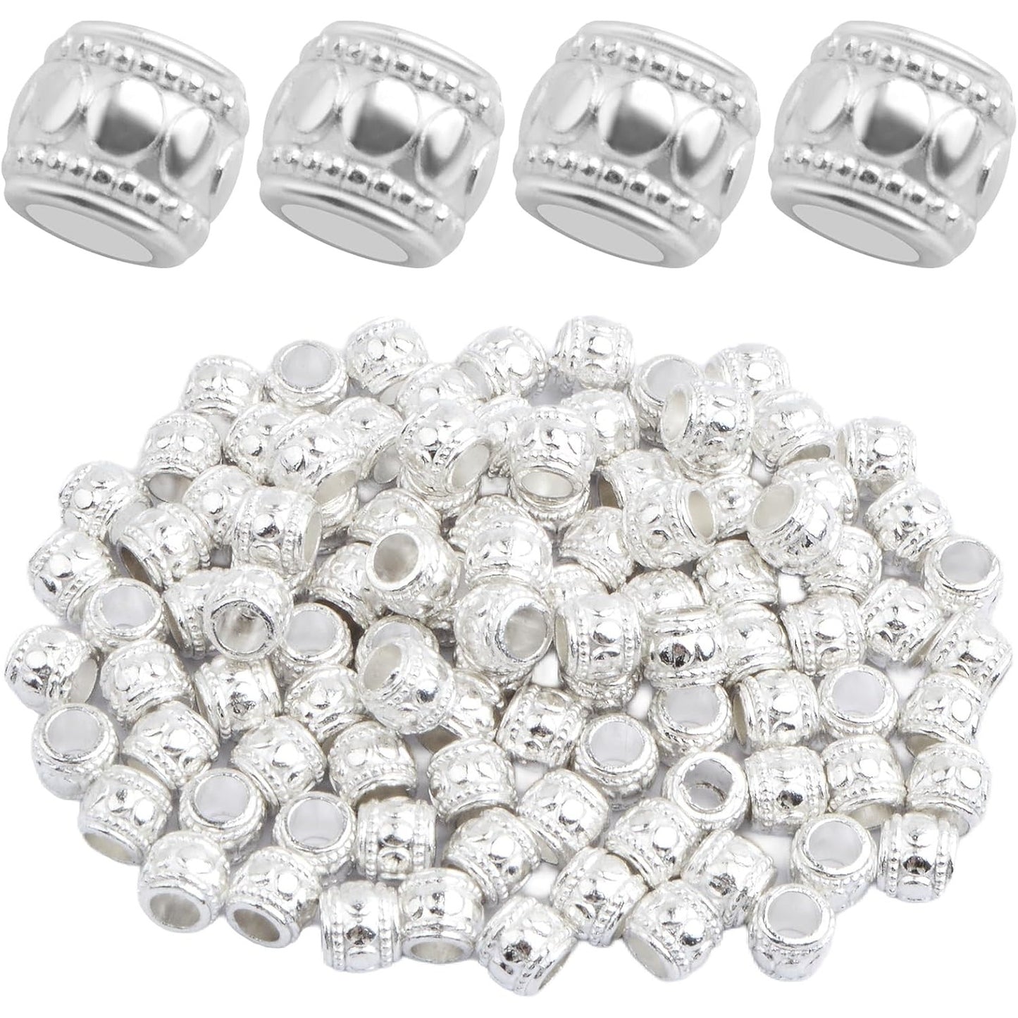100pcs Alloy Round Column Spacer Beads Large Hole (4 mm) Tube Loose Beads Bulk Metal Spacers Craft Supplies for DIY European Bracelet Necklace Earrings Jewelry Making, Bright Silver
