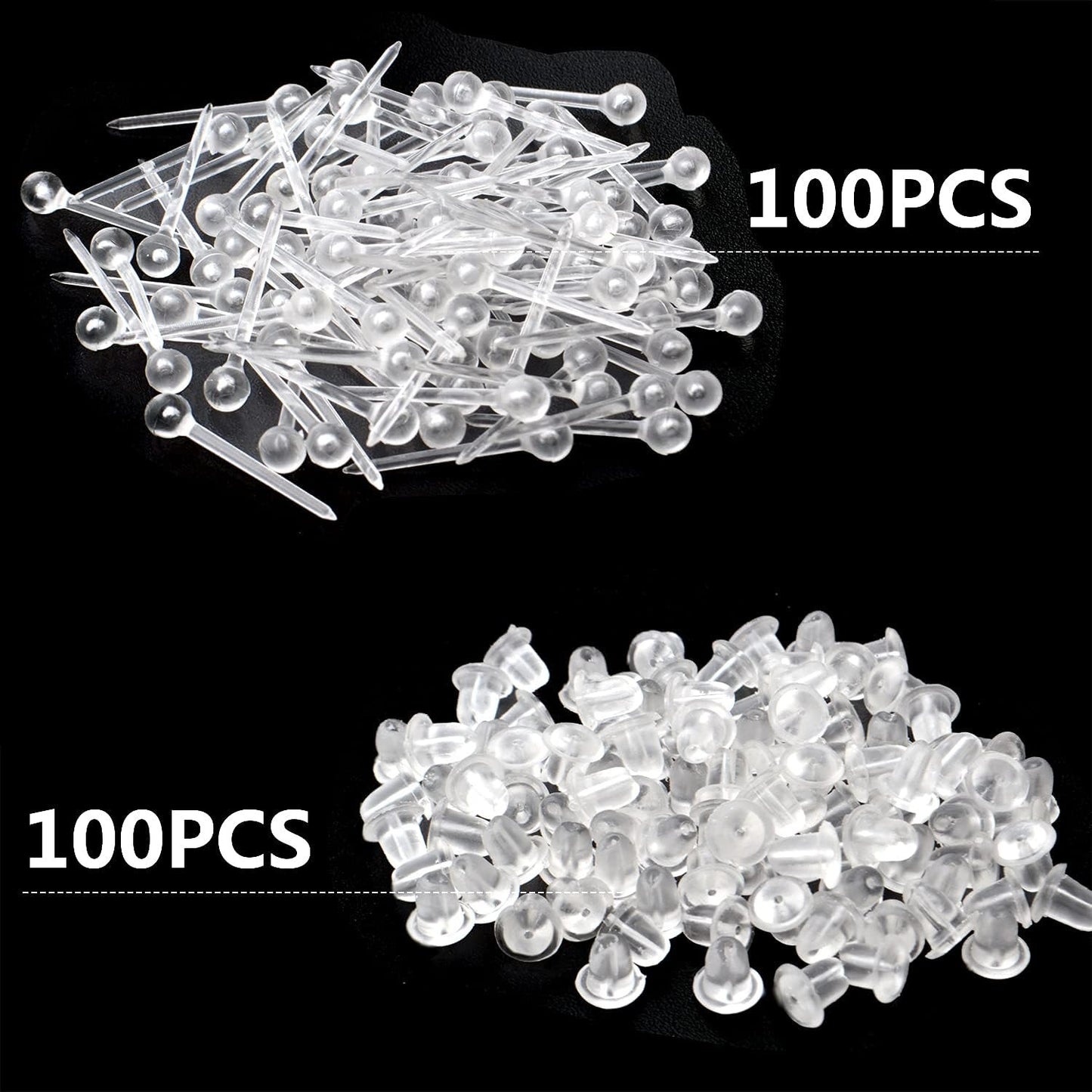 100pcs Clear Earring Posts Studs Plastic Earring Pin Studs Ball Stud Earrings and 100pcs Silicone Bullet Earring Backs for Men Women