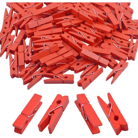 BronaGrand 100pcs Mini Red Wooden Utility Paper Clip, Clothespins Clip, Clothes Line Clips,Photo Clips
