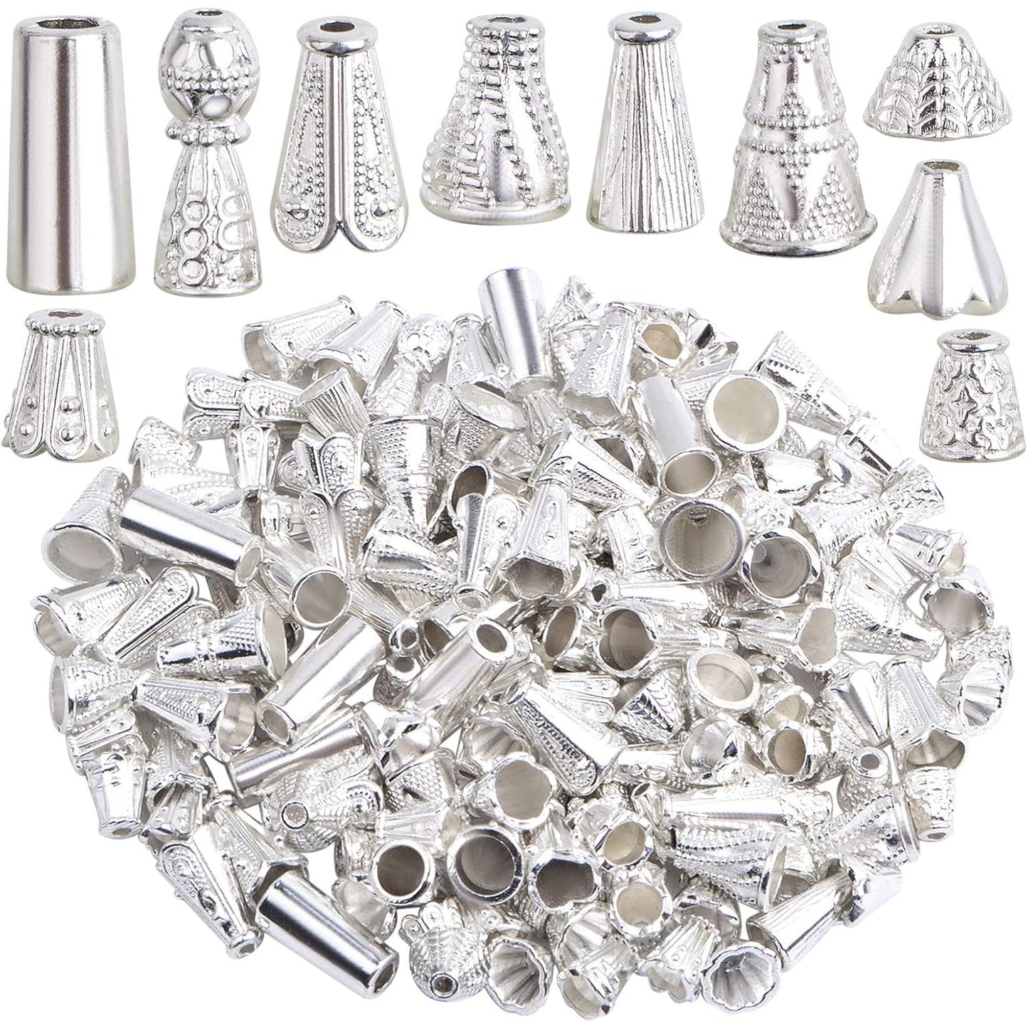 100 Gram (About 110-150pcs) Mixed Styles Cone Bead Caps Tibetan Alloy Flower Spacer Bead Caps Tassel End Caps for DIY Bracelet Necklace Jewelry Craft Making, Bright Silver