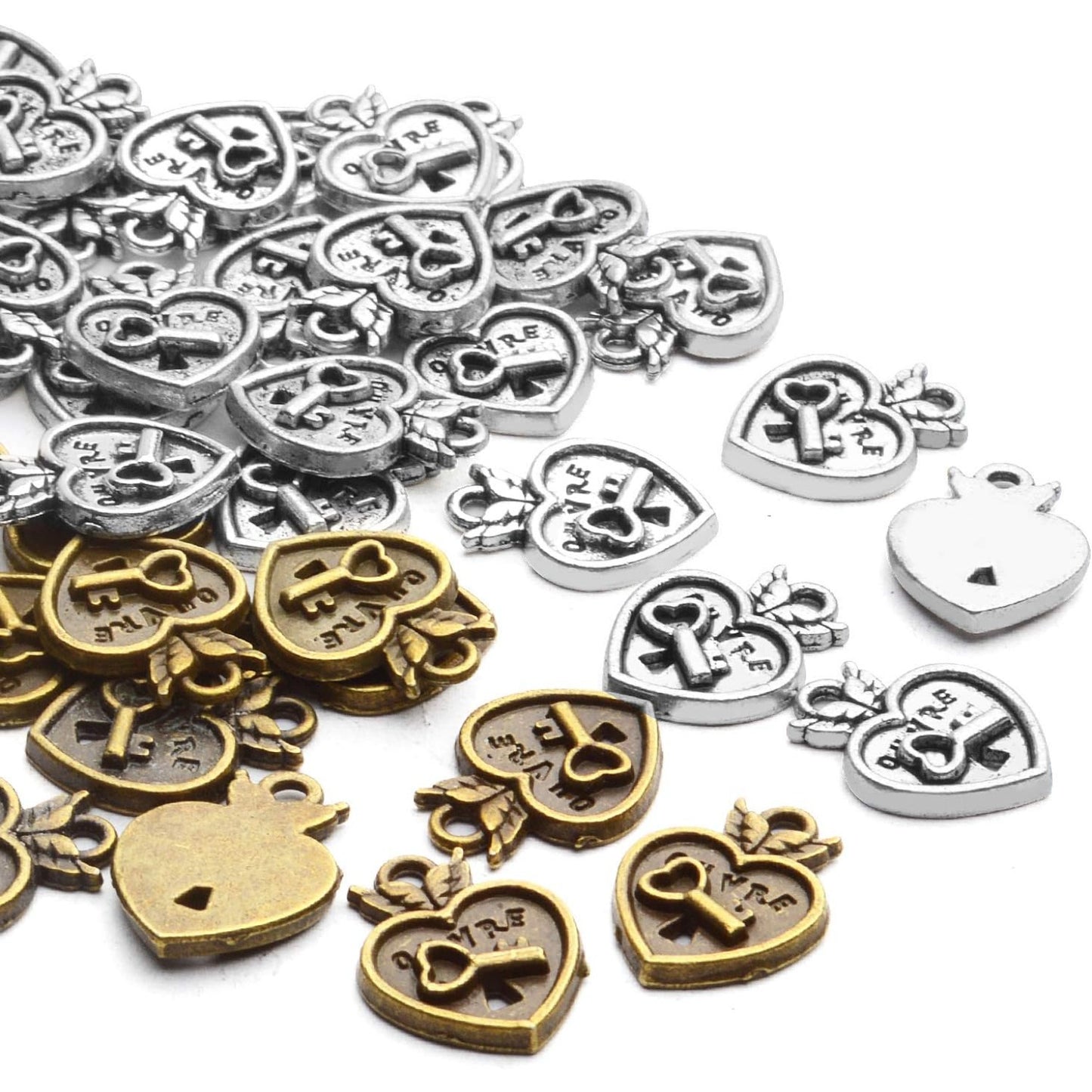 Lock Charms Pendant, 50pcs Tibetan Style Heart Lock Charms Antique Alloy Lock Pendant Craft Supplies for Bracelets Necklace Jewelry Findings, Antique Silver and Antique Bronze, 17x13x2.5mm