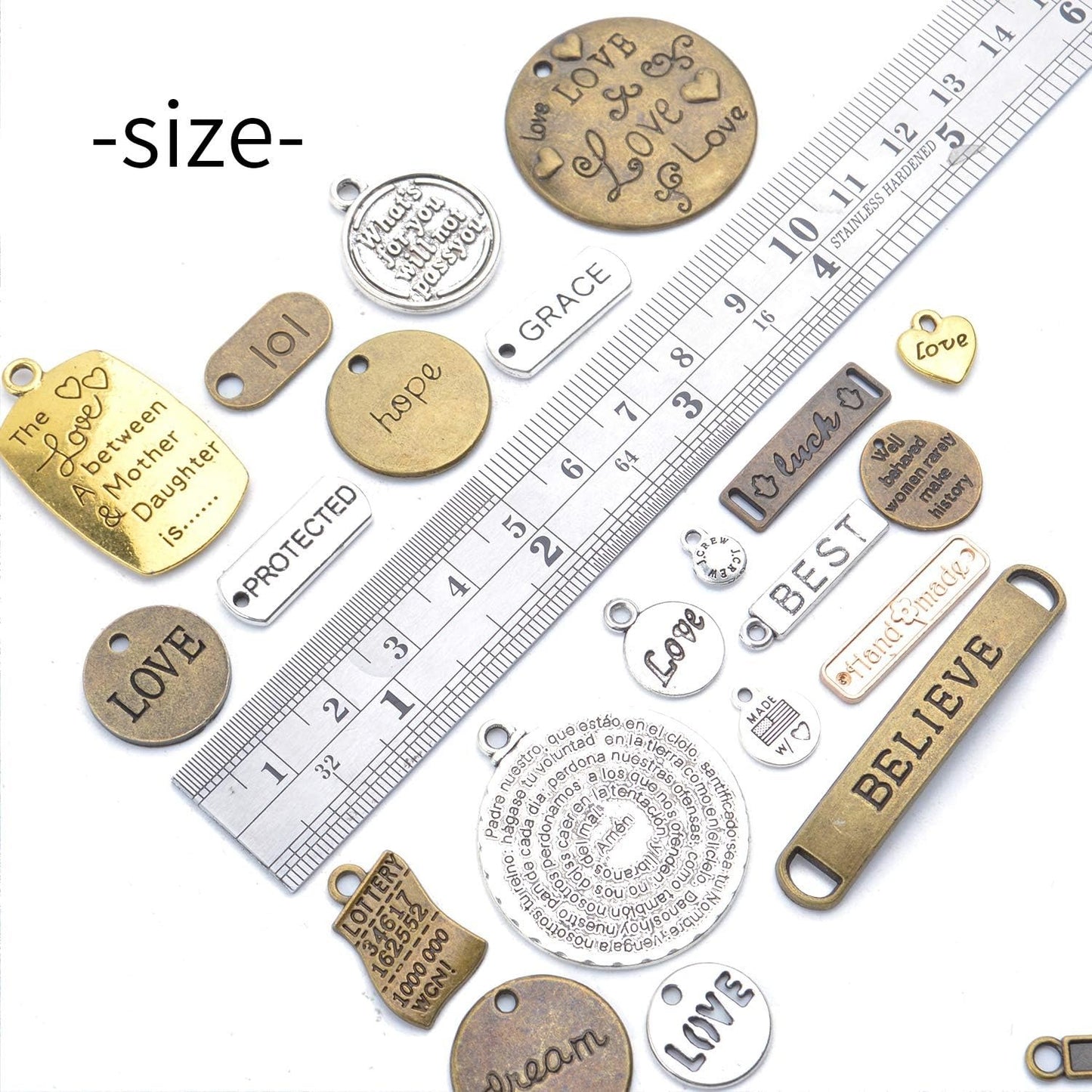 100g (About 30-45 Pieces) Mixed Inspiration Words Alloy Charms Antique Silver Pendant for Jewelry Making Crafting Necklace Bracelet DIY