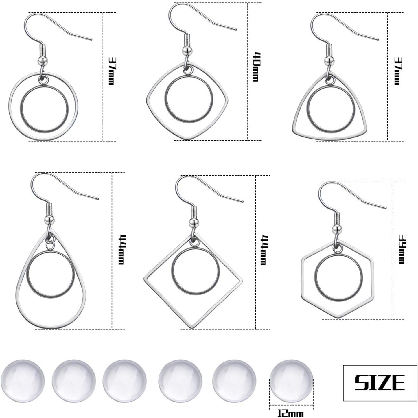 Earring Bezel Trays, 12pcs 12mm Stainless Steel Earring Bezel with Earring Blank Tray Wire Hooks Setting with 20pcs 12mm Clear Glass Cabochons for Jewelry Making DIY Craft