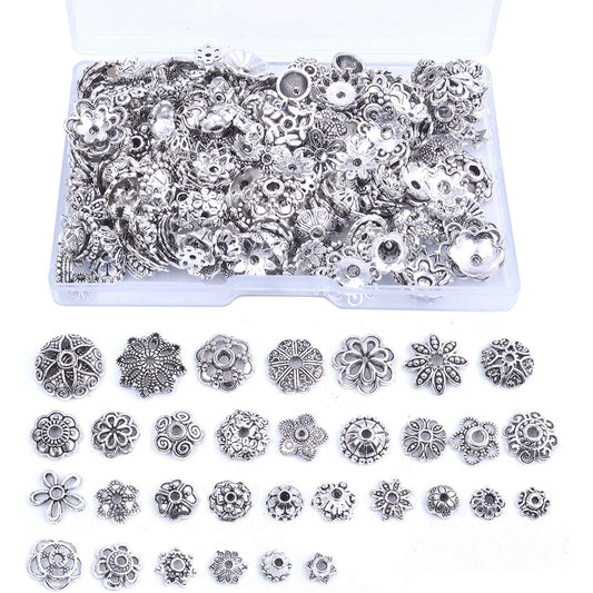 120g Bead Caps with A Clear Storage Box, Tibetan Silver Beads Spacers Jewelry Findings Accessories for Jewelry Making 300-350 Pieces