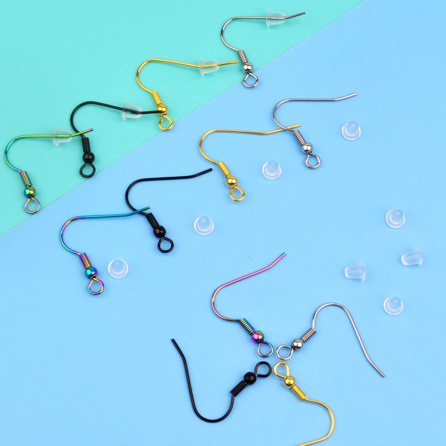 40pcs Stainless Steel Earring Hooks Hypo-allergenic Ear Wires Fish Hooks Earring Findings with 40pcs Clear Bullet Earring Backs Stoppers for DIY Jewelry Making, 4 Colors