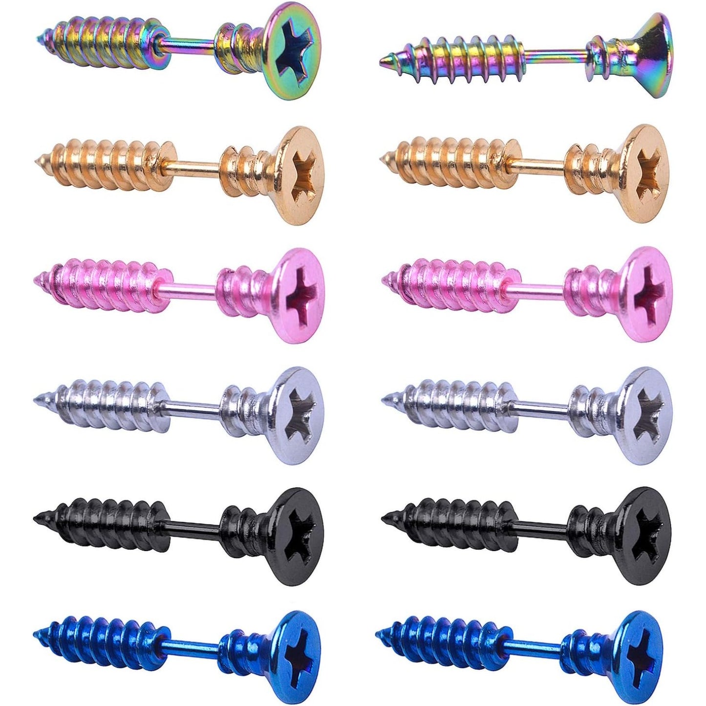 12 Pieces Screw Earrings, Stainless Steel Unisex Piercing Cross Screws Hoop Earrings Ear Stud,6 Colors