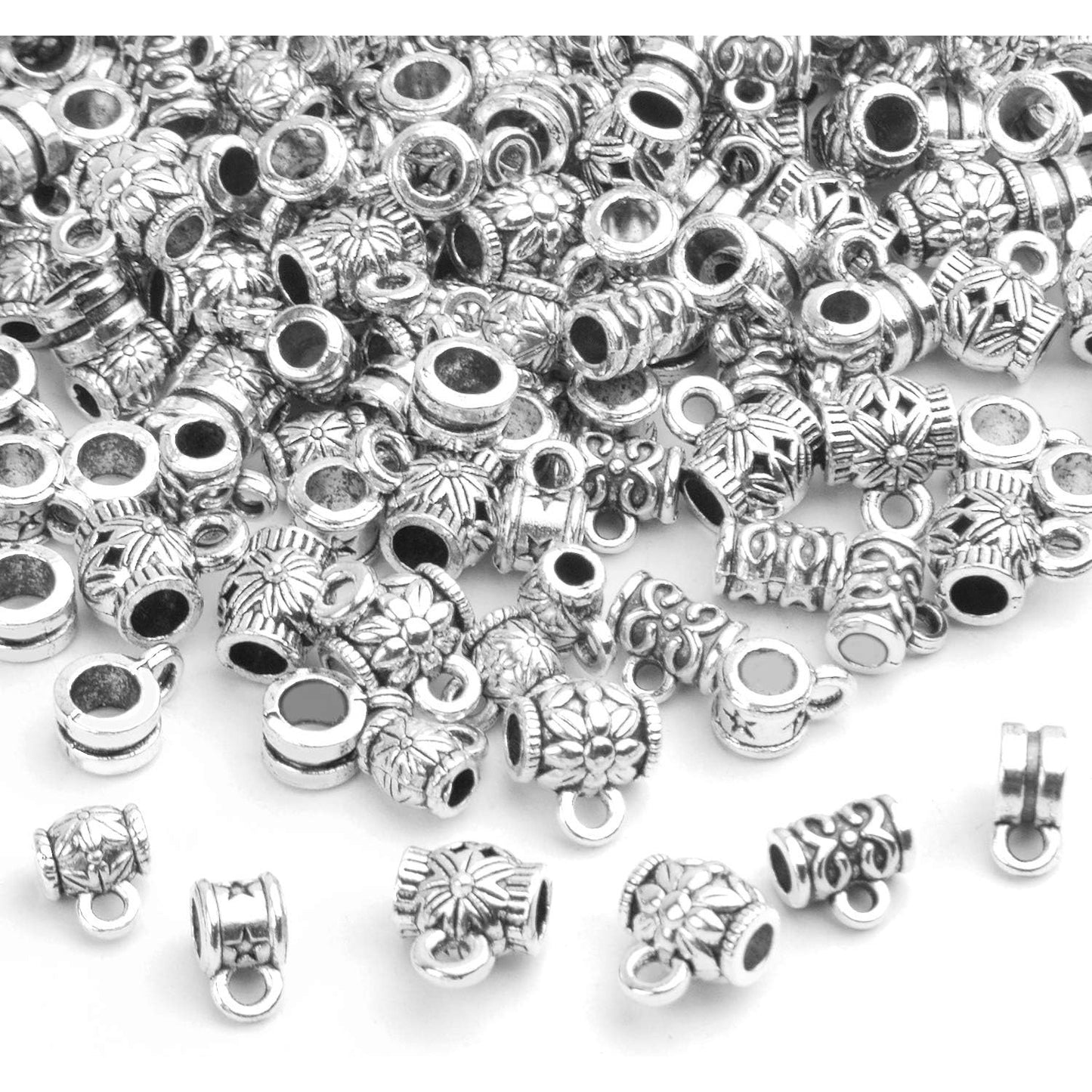100g (120-220pcs) Tibetan Silver Bail Beads Jewelry Connector Bails Beads for Necklace Bracelet Jewelry Making,6 Styles