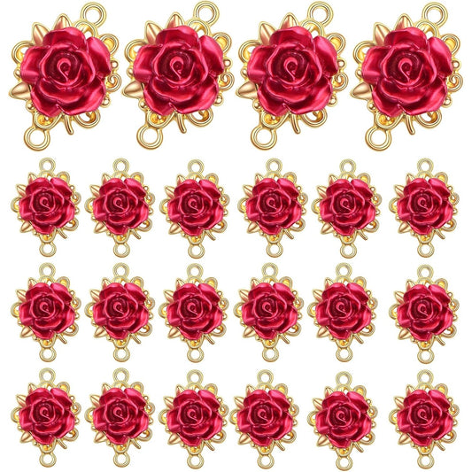 20pcs KC Golden Plated Red Rose Charms Connectors Alloy Lovely 3D Roseflower Shape Dangle Pendants with Double Holes for DIY Necklaces Earrings Jewelry Making Valentine's Gifts