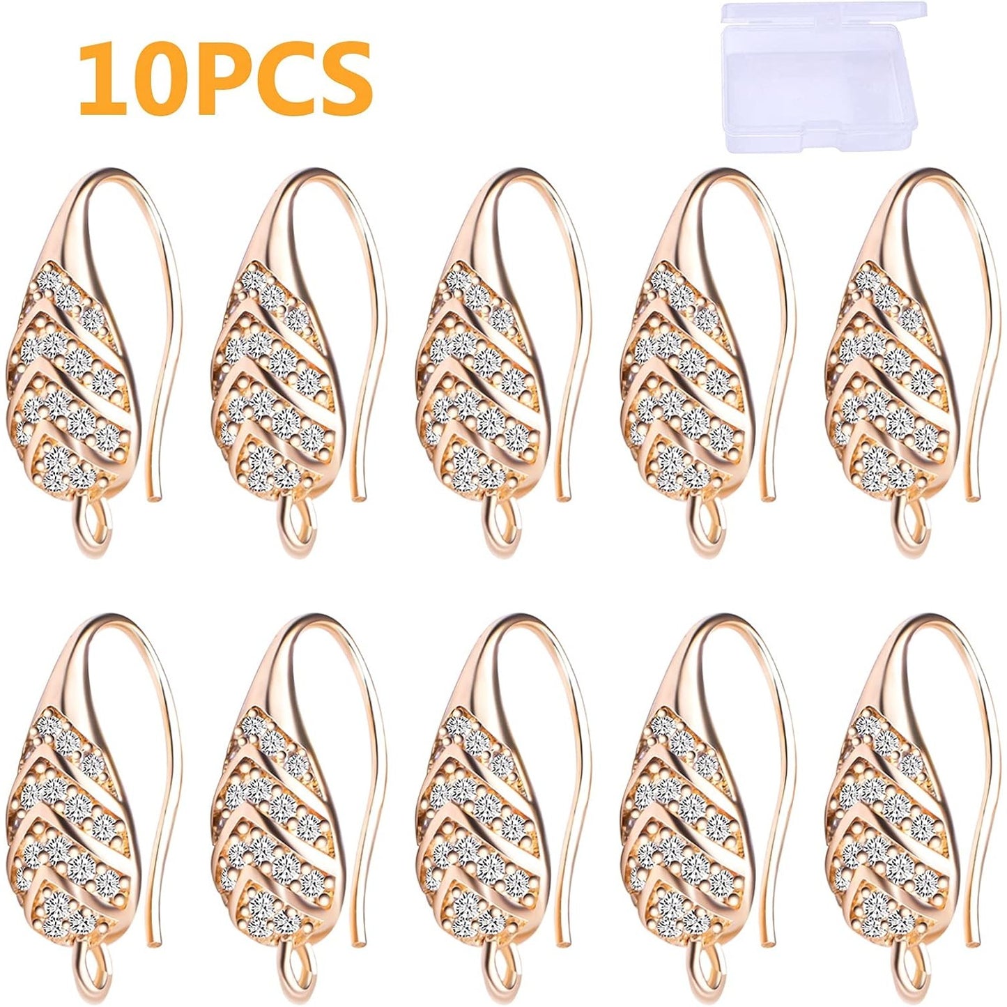 10pcs 14K Gold Cubic Zirconia Earring Hooks Brass French Fish Hooks Ear Wires with Loop Hole Dangle Earrings Connectors with a Plastic Box for Women DIY Jewelry Making