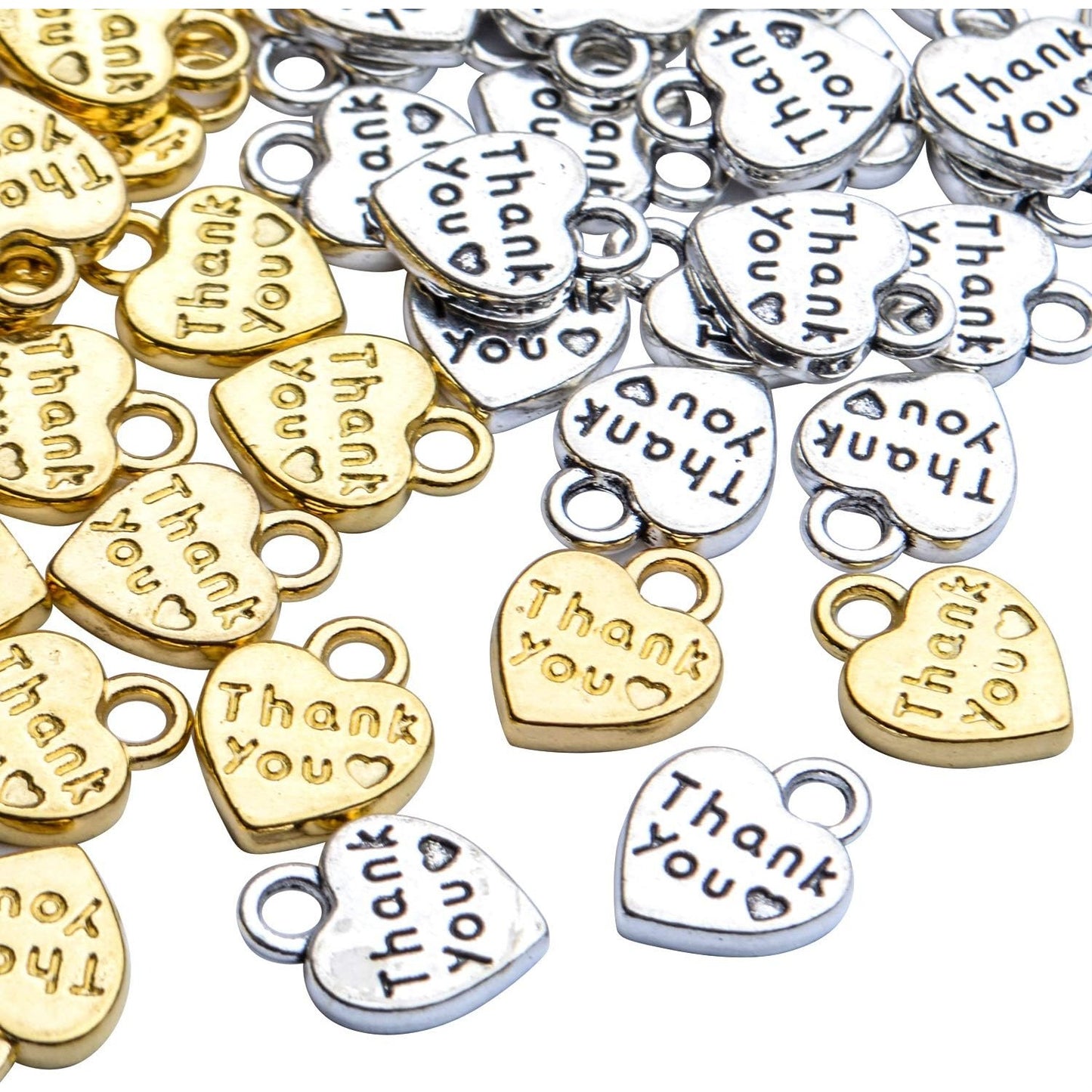 100pcs Antique Word Heart Charms, Thank You Heart Charm, Bulk Crafts Supplies for Jewelry DIY Necklace Bracelet Making, Antique Silver & Golden, 10x13mm