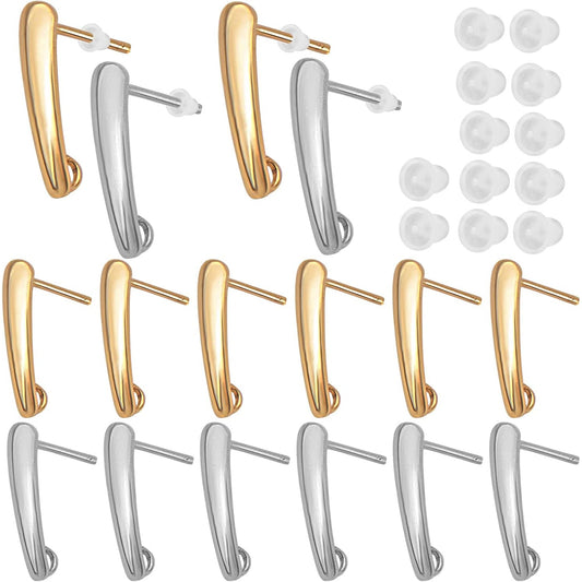20pcs Stainless Steel Stud Earrings Rectangle Bar Pierced Ear Stud Earrings Components with 20pcs Clear Safety Earring Backs for Jewelry Making, 15x10mm, Hole: 2.6mm