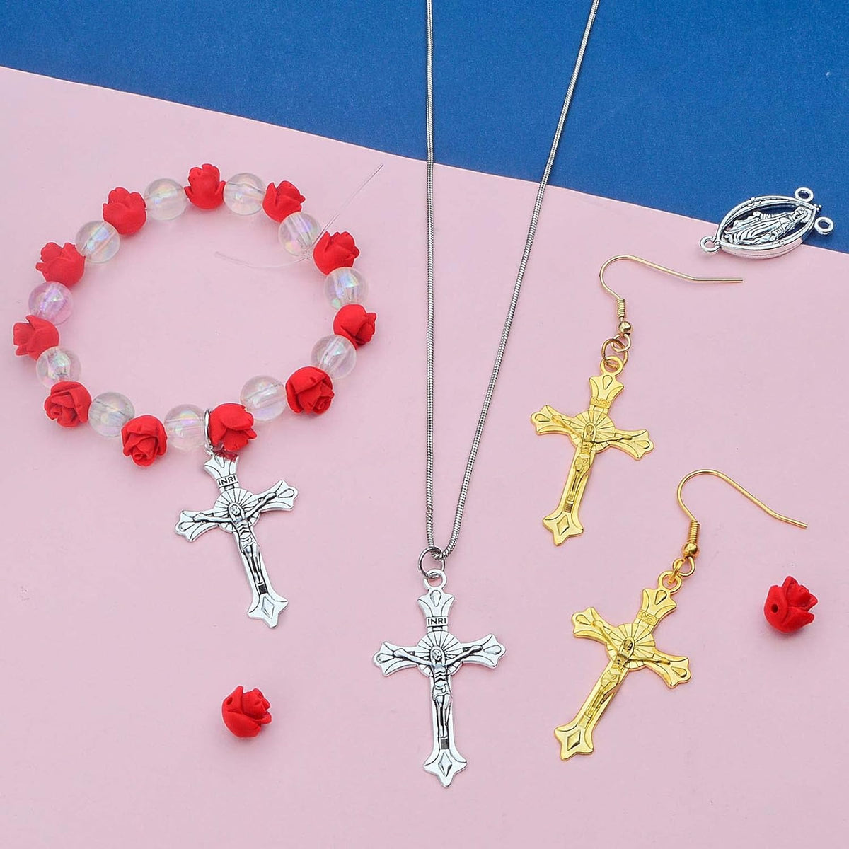 100pcs Rosary Cross and Center Charms 8mm Cinnabar Carved Red Rose Flower Beads Crucifix Cross Centerpiece Jesus Maria Medal Pendant Kit for Rosary Bracelet Necklace Jewelry Making